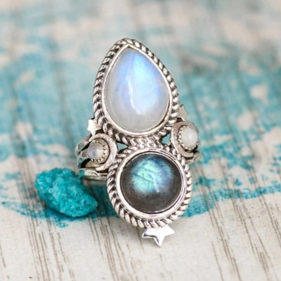 Moonstone Labradorite Ring Stars Moon Boho Statement Stone Jewelry 8.5 - Picture 2 of 3